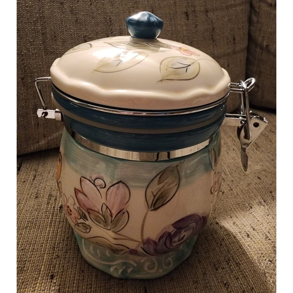 Gorgeous LIVING QUARTERS FloralButterfly HandPainted China CANISTER HingeSealLid